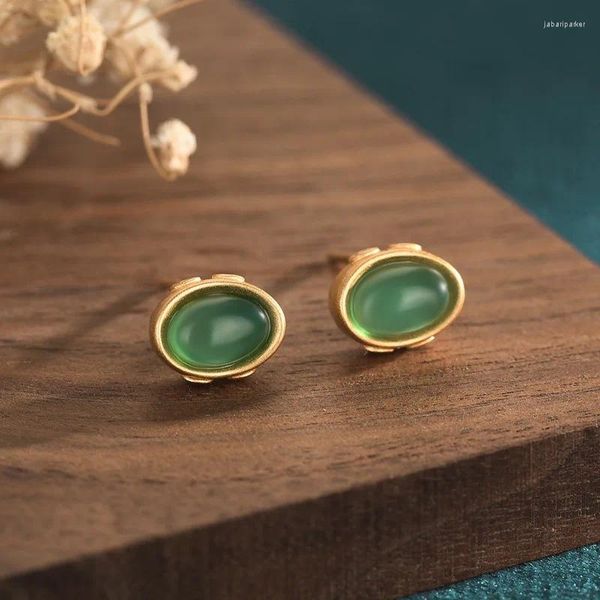 Brincos de garanhão pequeno cobre banhado a ouro incrustado natural jade verde retro clássico para mulheres jóias feminina 6 8mm