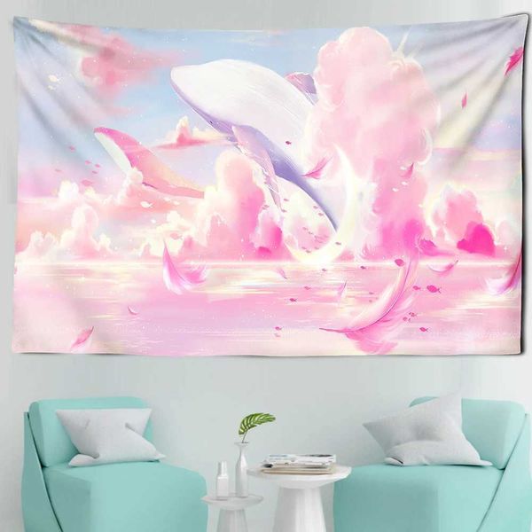 Tapestri Whale Tapestry Blue Sky Wall Hanging Home Pink Starry Sky Fantasy Tapestry Kawaii Decorazione R0411