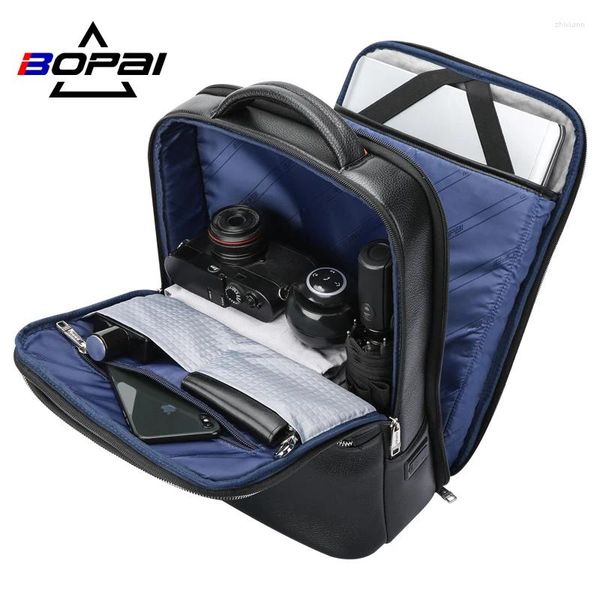 Backpack Bopai de 15,6 polegadas Laptop Men Leather Travel Macho USB Charging Computer School Mackpacks Bolsa à prova d'água para