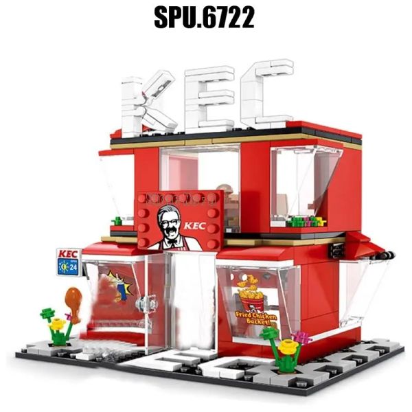 601017-24 Street View Convenience Cafe Hamburger Food Flower Shop Phone Noodle Store Bar Building Block Toy