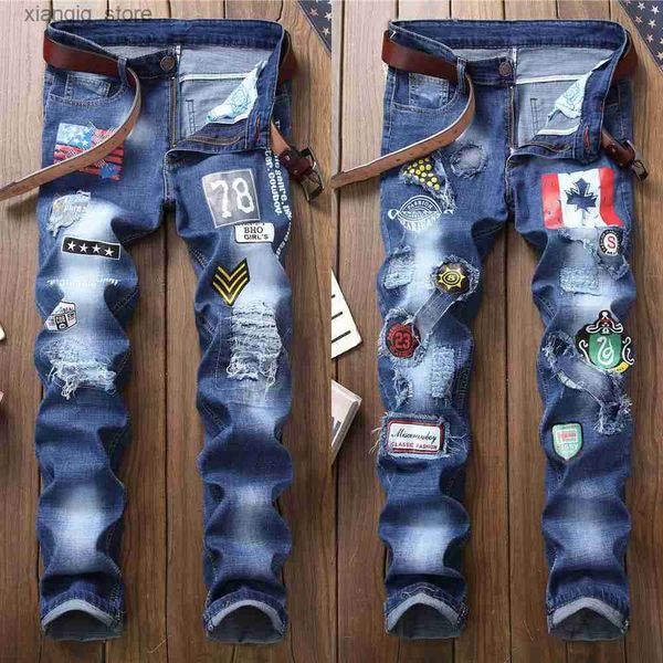 Herren Jeans Herren Trendy Print Decors Denim Pantshigh Quality zerrissen Slim Fit Blue Jeansstreet Fashion Sexy Jeansdaily Casual Jeans Hosen L49