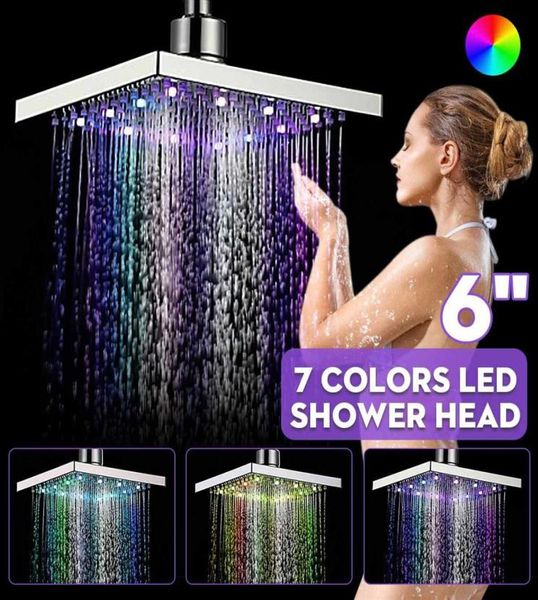 Xueqin 6 polegadas ABS Square Chuves LED Mudança Cabeça de chuveiro Cabeça adjudicável Fluxo de água Spray Sensor de temperatura CHROMO BACH