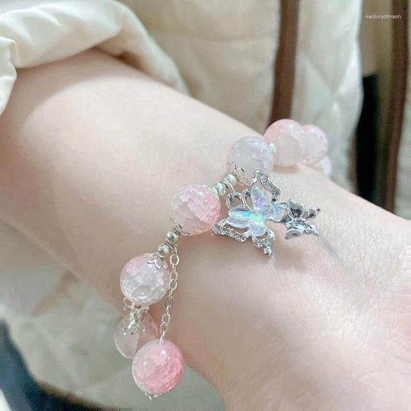 Bangle Moda Crystal Butterfly Pingente Bracelet Elastic Pink Glass Beads para mulheres meninas doces requintados jóias presentes