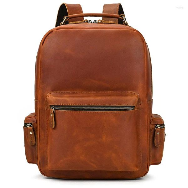 Backpack Men Men Crazy Horse Horse Leather Laptop Back para viagens ao ar livre Mochilas da escola