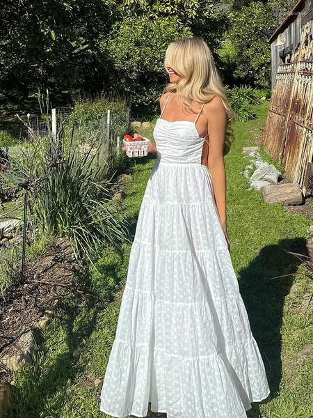 Lässige Kleider Vintage Stickerei weiße lange Kleidung Frauen Sommer elegant ärmellose Rückenless Midi A-Line Beach Boho Sundress Französische Stil