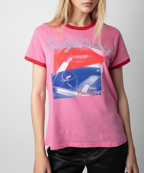 Zadig Voltaire 2024 Sommer Frauen Red Lippenwagen 3D Digital bedrucktes T-Shirt für Frauen rosrotem kontrastierender runder Nacken kurzärmeliges T-Shirt Neues Freizeitpreis