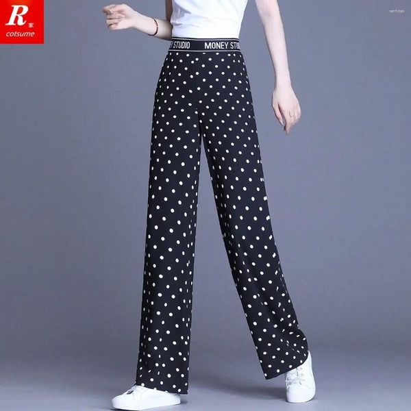Calça feminina feminino polka ponto de verão alta cintura calça reta de perna chiffon pantalones de mujer