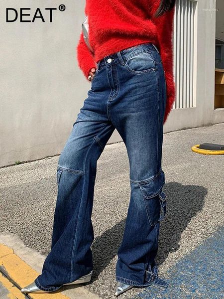 Женские джинсы модные хлопок с низкой талией на молнии мульти -карманы полные брюки с прямыми ногами зима 2024 Tide 7ab2440