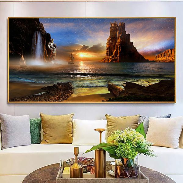 Sunset Beach Sailing Boats in Sea Landscape Poster Art dipinta Piccola di tela dipinto di pittura da parete Decor da letto per la camera da letto