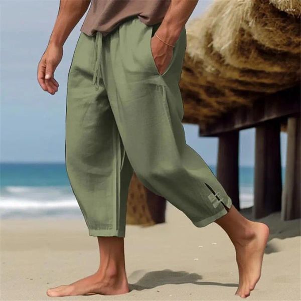 Pantaloni da uomo pantaloncini in lino di cotone maschio coresta elastico pantaloni di colori solidi estate spiaggia sciolta traspirante
