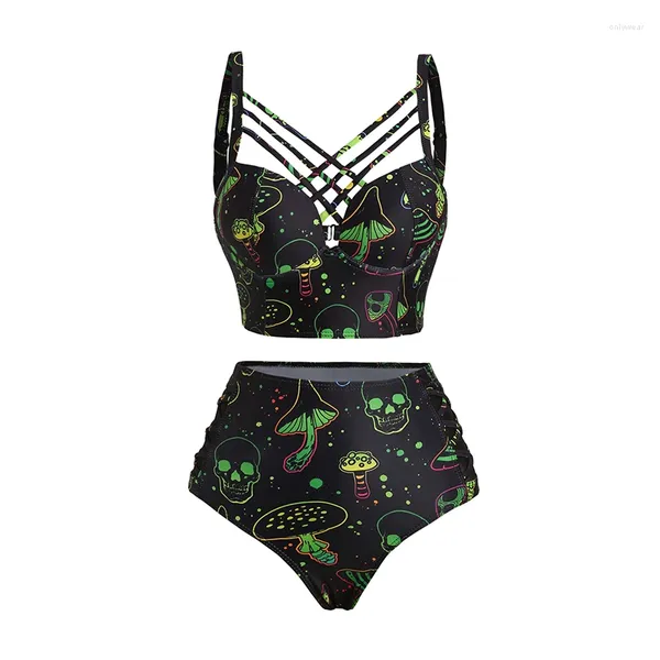 Costumi da bagno femminile galassia cranio funghi stampare a due pezzi set bikini incrociabile incrociabile spaghetti cinghia battono bagliore