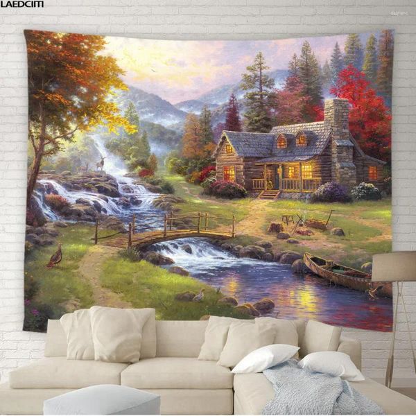 Wandteppiche Ölmalerei Kulissen Wandteppich Land Haus Pflanzen Blume Wasserfall Herbst Hintergrund Wand Hänge Stoff Schlafzimmer Schlafzimmer Wohnkultur