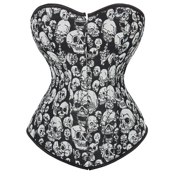 Gotik Steampunk Kafatası Baskı Korse Üstü Kadınlar için Burlesque Bel Trainer Vücut Şakası Vintage Saten Budier Lingerie Plus Boyut