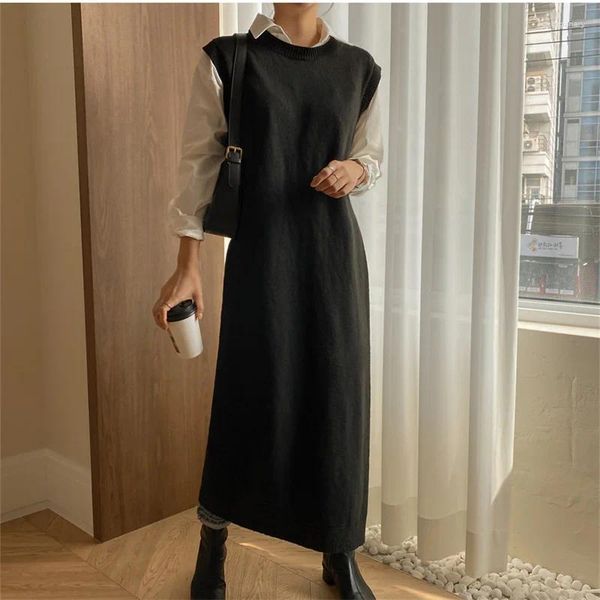 Sıradan Elbiseler Yzjnh 2024 Sonbahar/Kış uzunluğu kolsuz kazak elbisesi Kadınlar için Kore Gri Yan Bölünmüş Örme
