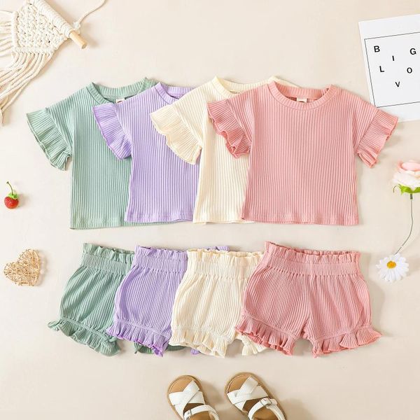 Roupas conjuntos de roupas para criança de verão roupa de menina sólida com nervuras de cor curta de cor curta Tops e shorts Conjunto de roupas