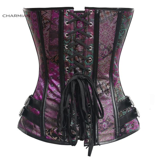 Charmian steampunk espartilho feminino gótico couro falso de plus size aço aço desossado overbust bustier espartilho top brocade halloween roupas