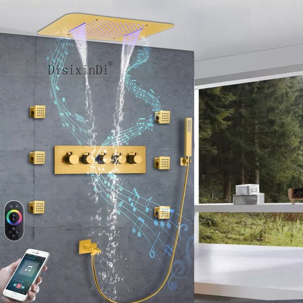 Lüks pirinç şelale banyo duş musluk seti duvara monte yağış termostatik duş musluk seti müzik ve aydınlatma