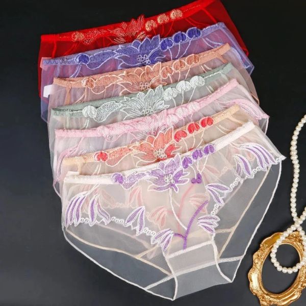 2pcs Sexy Mesh transparente Sheer Briefs Women Women Super Fin Floral Mesh Panty Perspective Bruewhear