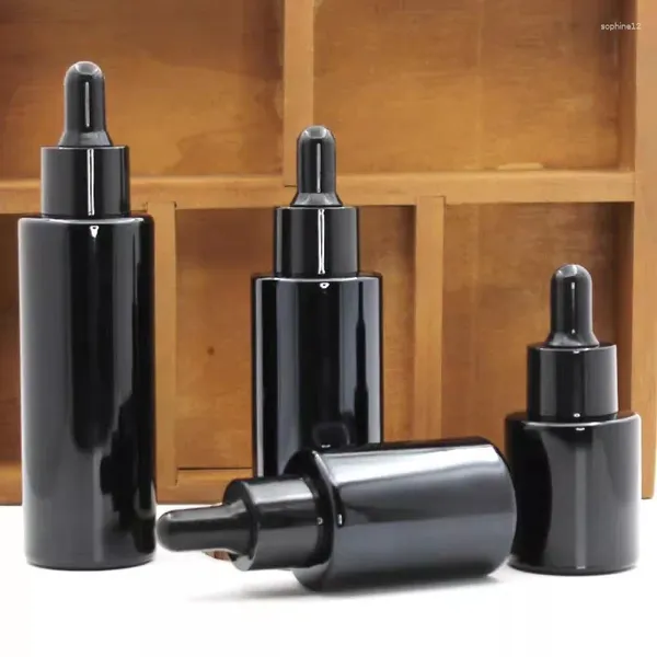 Garrafas de armazenamento Óleo de vidro preto 20/30/40/60 ml Essence de garrafa de cosméticos com gotas de cabeça de borracha anel