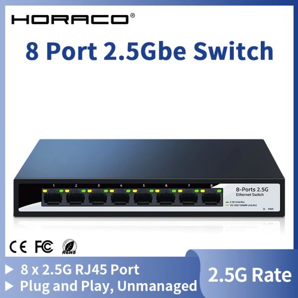 Switches Horaco 2.5g Ethernet Switch 2.5GBASET 8 Porta RJ45 Plugue sem ventilador e reprodução de desktop de troca de rede homelab não gerenciada