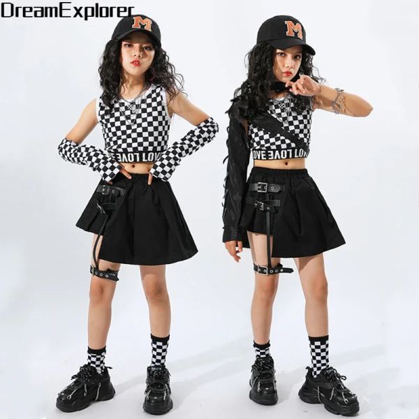 Garotas Hip Hop Plaid Crop Crop Top Saias Saias de Streetwear Infantil Roupas Godas Cool Sets Street Dance T-shirt Kids Summer Jazz Trajes