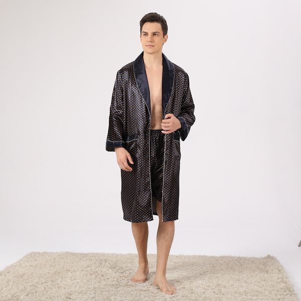 Sexy Shawl Gollar Polka Dot Men Princied Men Bathrobe Short Suit de Kimono Male macio aconchegante vestido de banho de manga longa e de manga longa