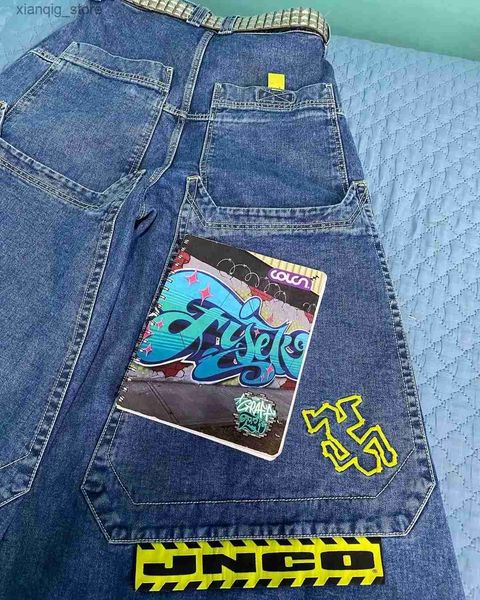 Herren Jeans Skateboardhose 90s neue hohe Taille Jeans JNCO Muster Retro extra große Taschenbaggy Jeans Gothic Wide Leg Hosen Streetwear L49