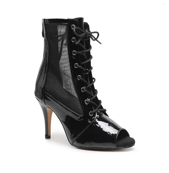 Танцевальная туфли женщина черные кружевные ботинки для девушек. Заглезе кожаные современные джаз танцы с открытыми пальцами на высоких каблуках, дамы
