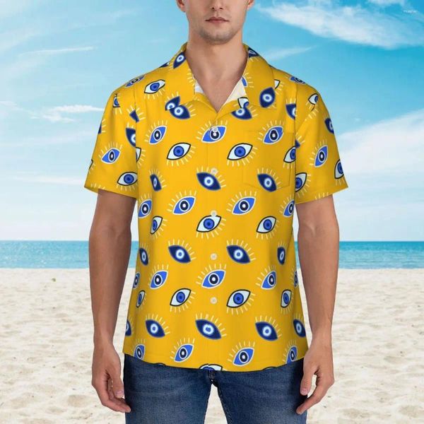 Camisas casuais masculinas Mal Eye Hawaiian Men férias férias grego mati mataki mangas curtas moda coreana moda diy vintage grandes blusas