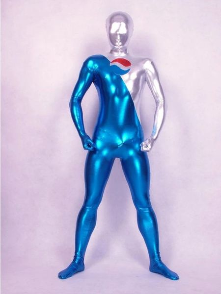 Голубой и серебряный блестящий костюм Zentai Pepsiman для Хэллоуина.