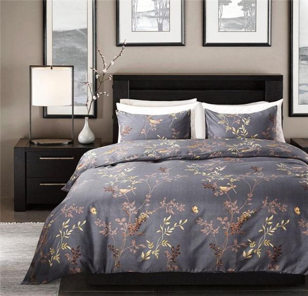 Modern Style Grey Color Bedding Conjunto King Size Bronzing Flower and Birds Padrive Duvet Capa Conjunto de têxteis domésticos requintados3855858