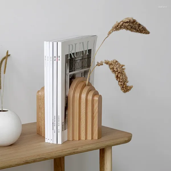 Estatuetas decorativas nórdicas naturais de faia de madeira sólida bookend arranjo de flores para desktop titular de livros estante de livraria decoração arte geométrica