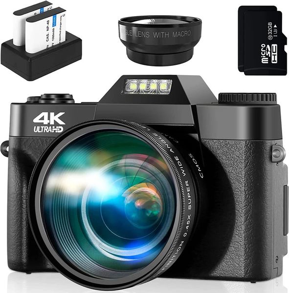 Digitale POGRAGE CAMERA 4K VLOG Selfie Camcorder Flip Screen 48MP Weitwinkel -Makro 2 in 1 Objektiv Live -Streaming 240407