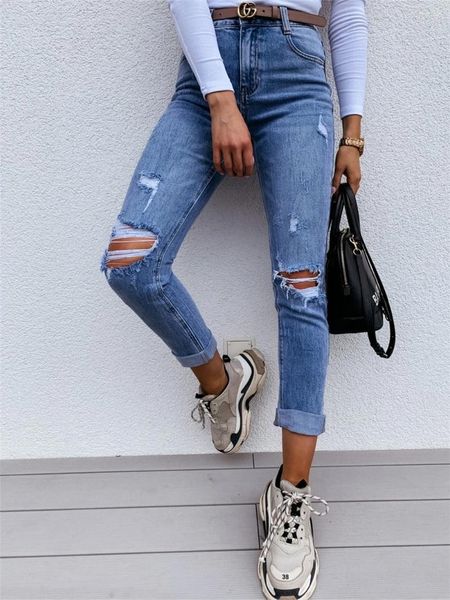 Jeans feminino azul claro mulheres rasgadas calças jeans retas y2k Mã