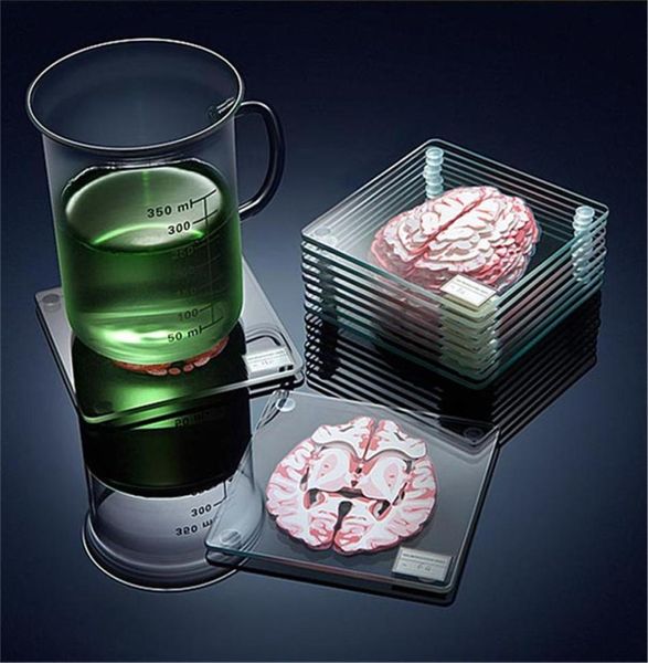 Coasters de amostras cerebrais Conjunto de órgãos 3D Fatias de arte cerebral Brain Brain Acrylic Glass Drinks Table Coaster Bêbado Cientistas Presente Y22106170