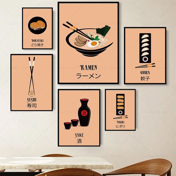 Vintage Ramen Sushi Nigiri Hamurlu Sake Duvar Sanat Tuval Resim Japon Yemek Posteri Baskıları Resimler Mutfak Yemek Odası Dekor