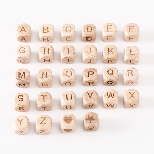 10pcs 12mm Holzbuchstaben Perlen Englisch Alphabet DIY Baby Personalisierter Name Schnullerkettenklammern Armbandzubehör Zähnen