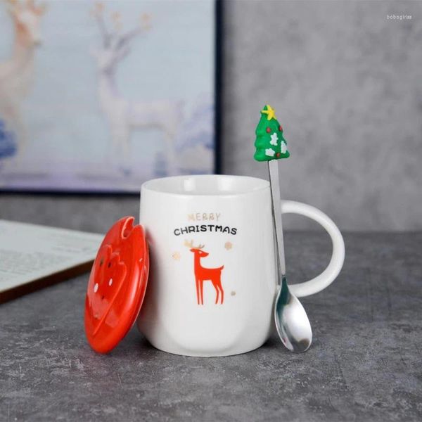 Tassen kreative süße Mädchen Cartoon Weihnachts Keramik Tasse mit Deckel Löffel Set Persönlichkeit Bauchliebhaber Kaffee Kaffee