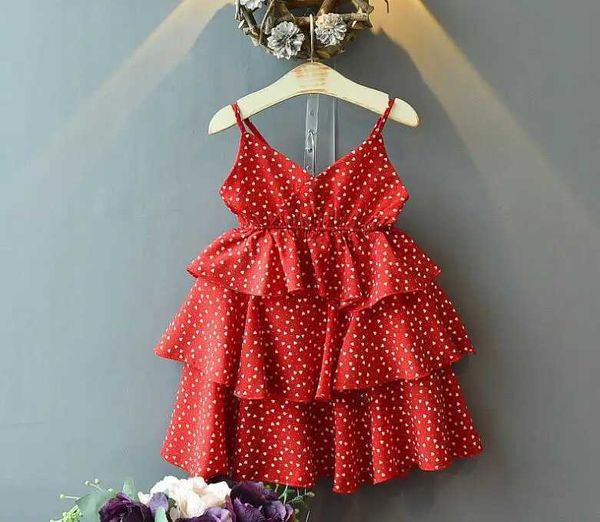 Vestidos de menina crianças garotas polka pontão de suspensório de amora 2024 Novo verão bebê menina chiffon vestidos de bolo vermelho