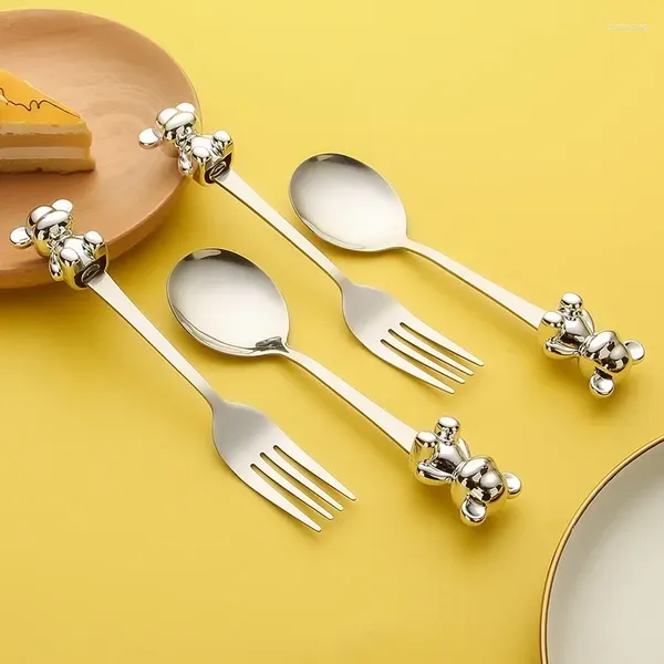 Ужин наборы ужина Creative Cute Bear Coffee Dessert Spoon Fork из нержавеющей стали.