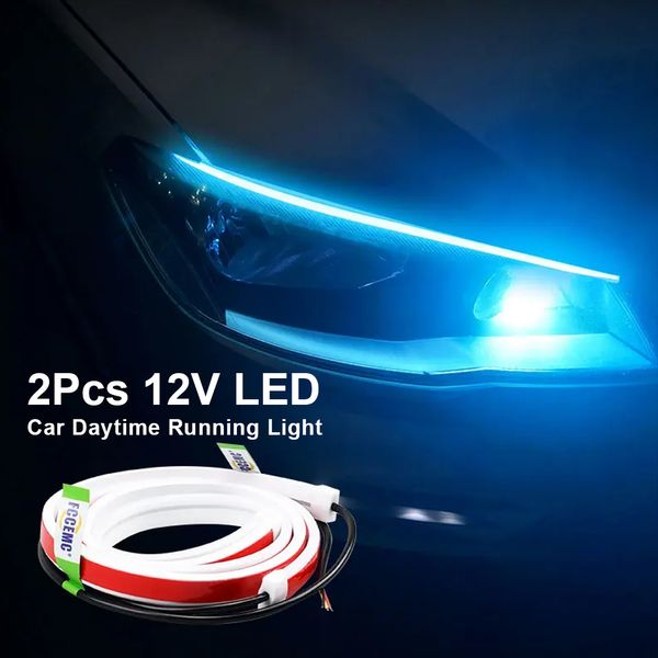 12V 2pcs LED DRL CAR DIA DIA DIGURA LUZ FLEXÍVEL COM ASSLIGUEIRA SEQUENCIAL Turn Signal Light Universal Fartlight Tiras