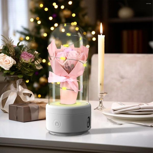 Flores decorativas Criativo 2 em 1 Bouquet Light Light e Bluetooth Speaker Dia das Mães Presente Rosa Luminosa Night Ornamento Capa de vidro