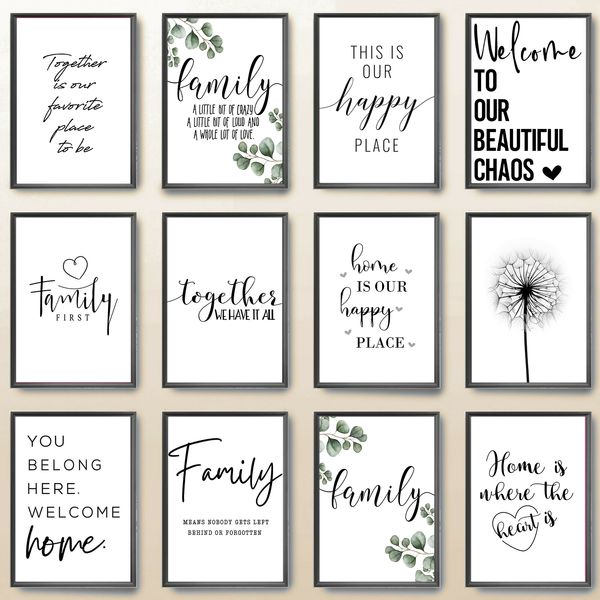 Citazione di famiglia felice Wall art Black White Poster Ama Stampe per il cuore Nordic Minimalist Picture Tela dipinto Decor soggiorno