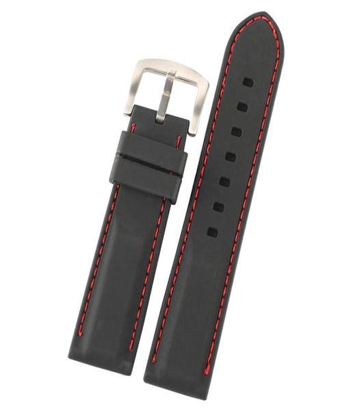 20mm 22mm 24mm 24 mm Black Silicone Rubber Watch Strap Substituição Substituição de Watch Band à prova d'água Red Linha branca costura reta End6498679