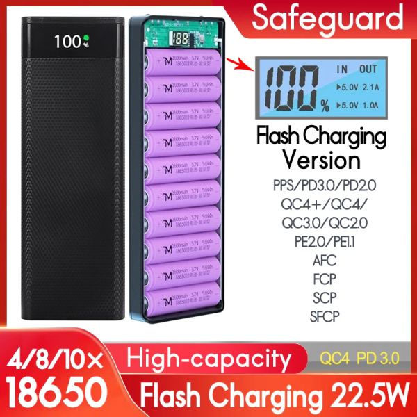 Upgrade 18W QC3.0 PD3.0 CARGA RÁPIDO Caixa de bateria do banco de bateria Battery Caixa celular carregador 4/8/10*18650 Caixa de carregamento de bateria