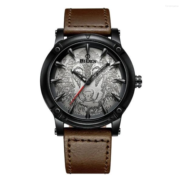 Armbanduhr 2024 Biden Fashion Stylish Wolf Dial Herren Uhren klassische Männer wasserdichte Lederband Analog Quarz Armbanduhr