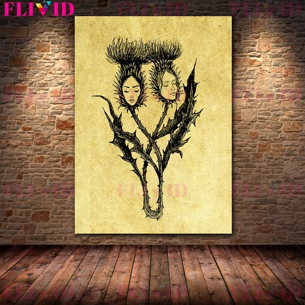 Mysterious Witch Flower Abstract Abstract Vintage Art Poster e impressão de plantas mágicas desenho a lápis Telvas de arte pintando decoração de casa