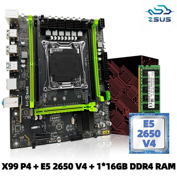 ZSUS X99 P4 Комплект материнской платы с Intel LGA2011-3 Xeon E5 2650 V4 CPU DDR4 16GB 1*16 ГБ 2133 МГц ОЗУ память NVME M.2 SATA 240410