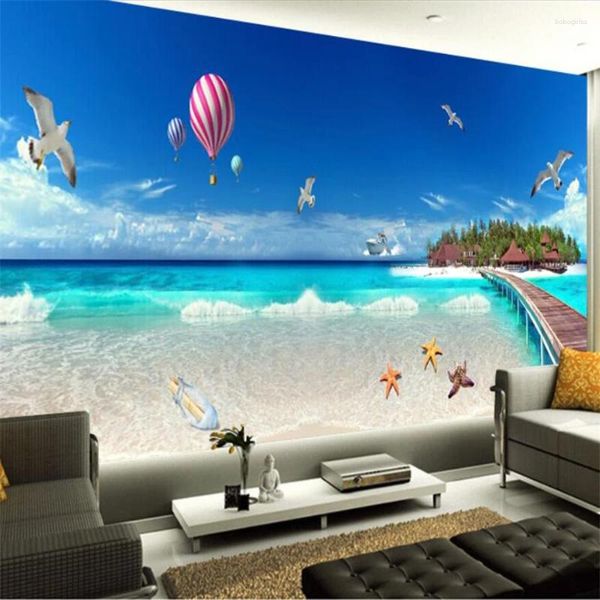 Tapeten Wellyu Custom Tapete 3d po Wandluftballon Seestarfish Conch SeaScape Villa Bridge TV Hintergrund Hintergrundpapier Wandbilder