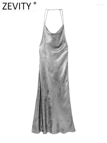 Повседневные платья Zevity Women Fashion без рукавов сияющий серебряный цвет нанож
